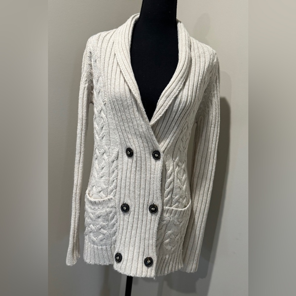 Zara Cream Double-Breasted Cable Knit Cardigan neutral core modern heritage‎ Med